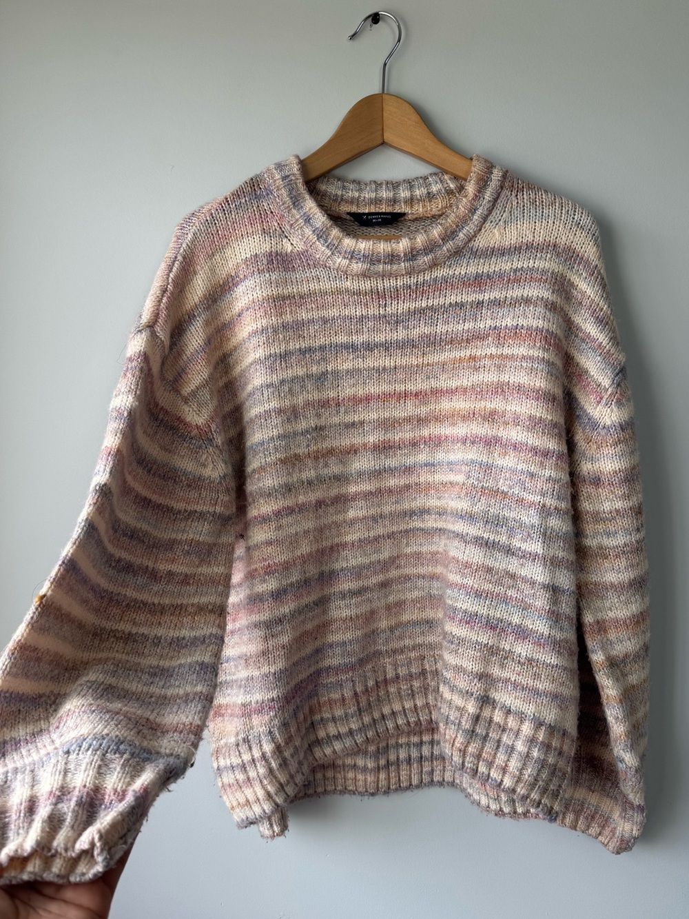 Denver Hayes Pastel Striped Crewneck Sweater in Pink, Cream, Gray